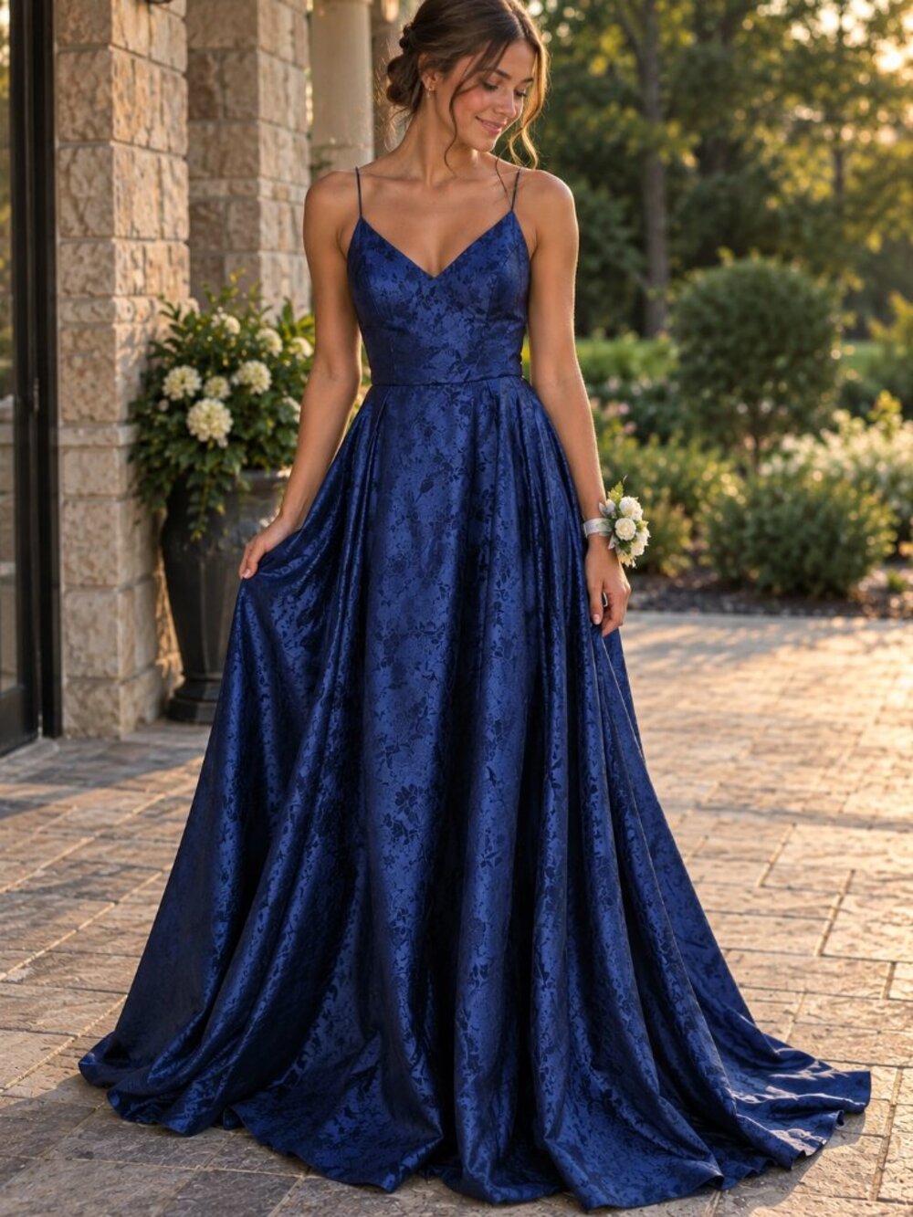Windsor Blue Floral-Jacquard or Burnout Prom Dress, Size 13 / 14
